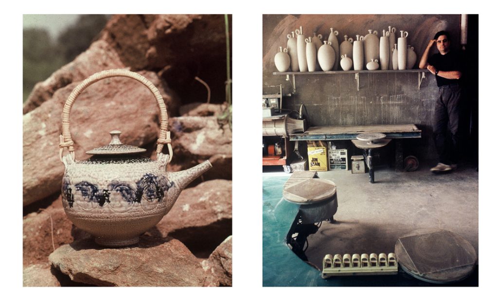 Michael Sherrill, teapot, ca. 1980, and the artist in his studio. Courtesy of Michael Sherrill.
